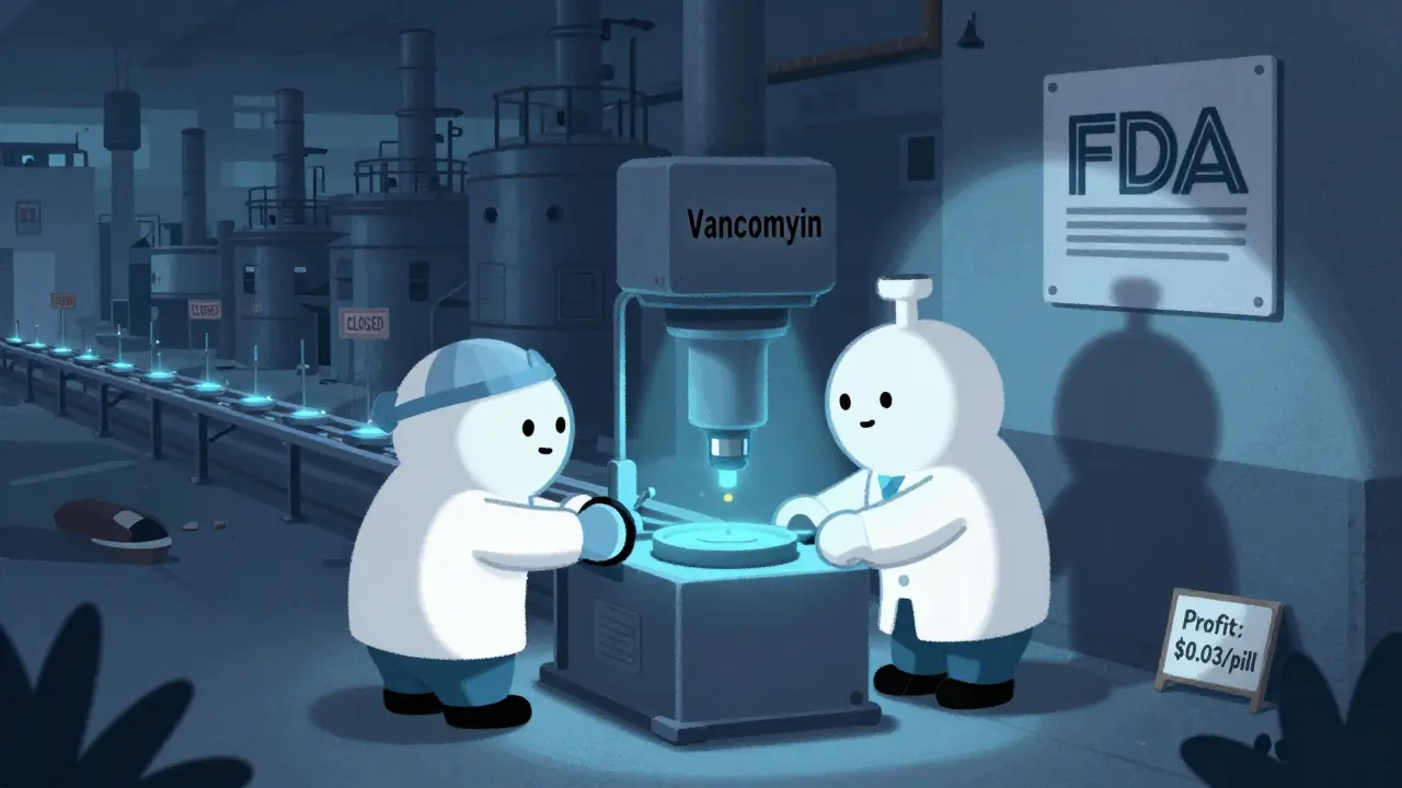 Two workers operate a single production line for vancomycin while abandoned factories line the background.