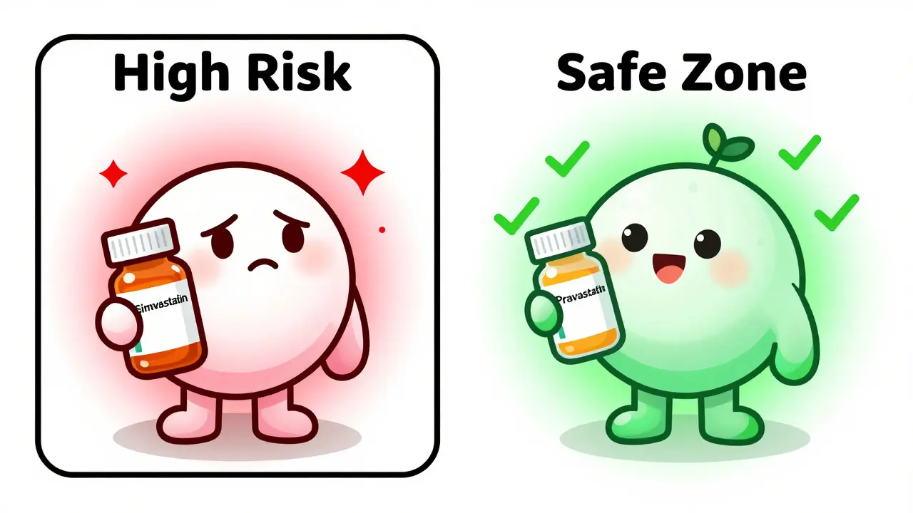 Comparison of high-risk and low-risk statins depicted with rounded characters and color-coded safety zones.