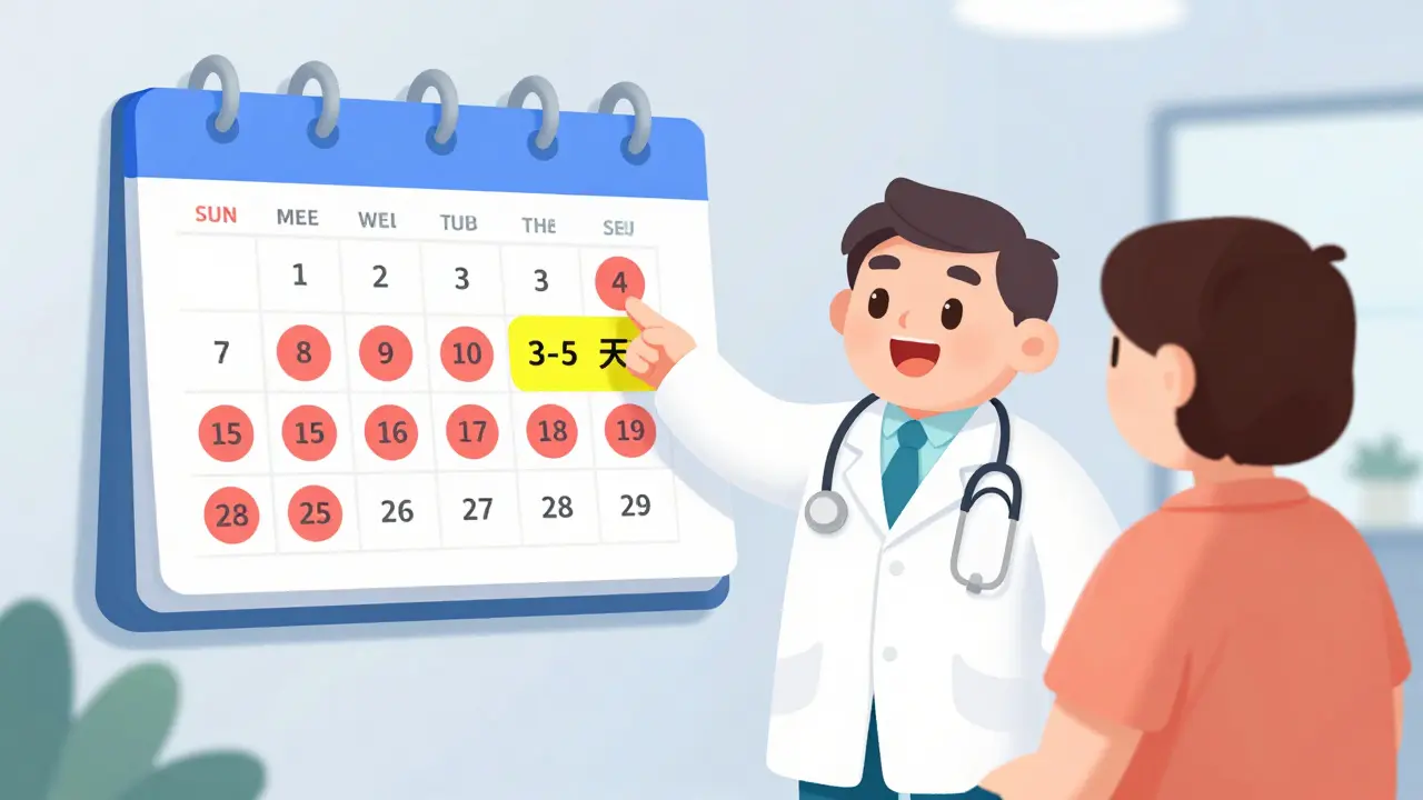Doctor and patient discussing a medication calendar to show the safe washout period after antibiotics.