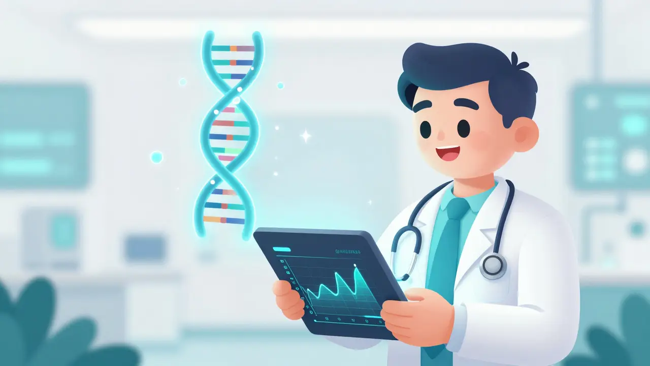 Doctor using a holographic DNA display to determine a personalized medication dose.