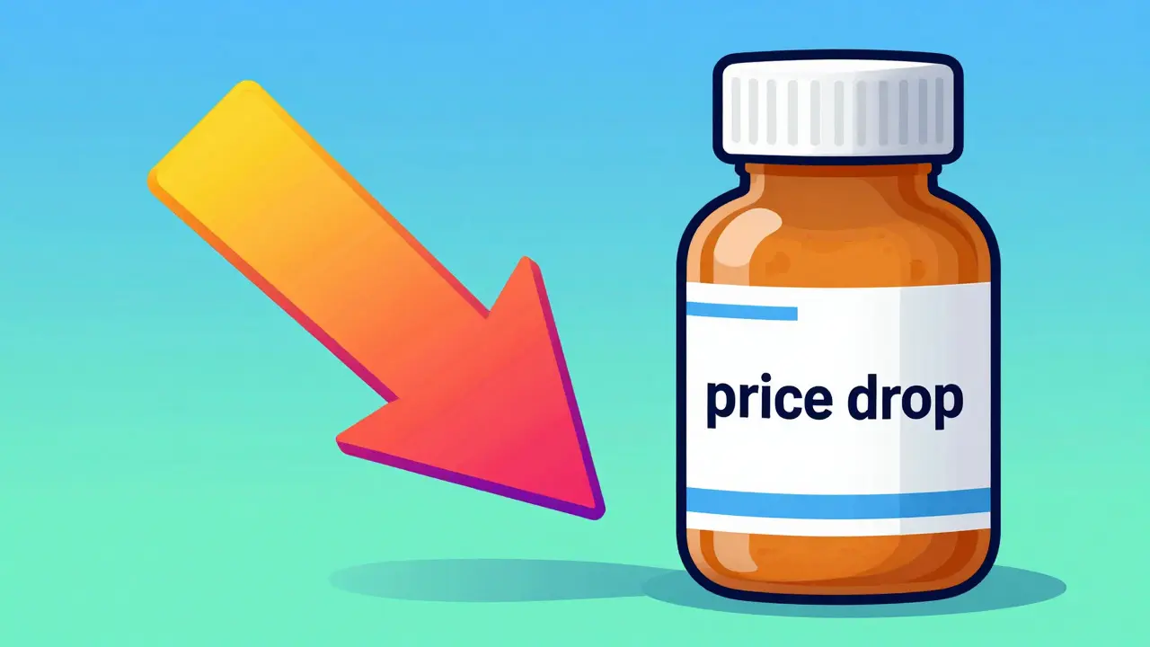 Illustration showing a price drop from a brand-name drug to a generic version.