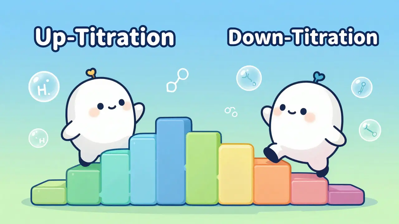 Illustration showing the processes of up-titration and down-titration with rounded characters.