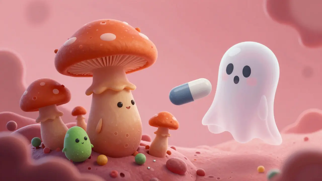 Microscopic view of fungus thriving while unused medicine passes by.