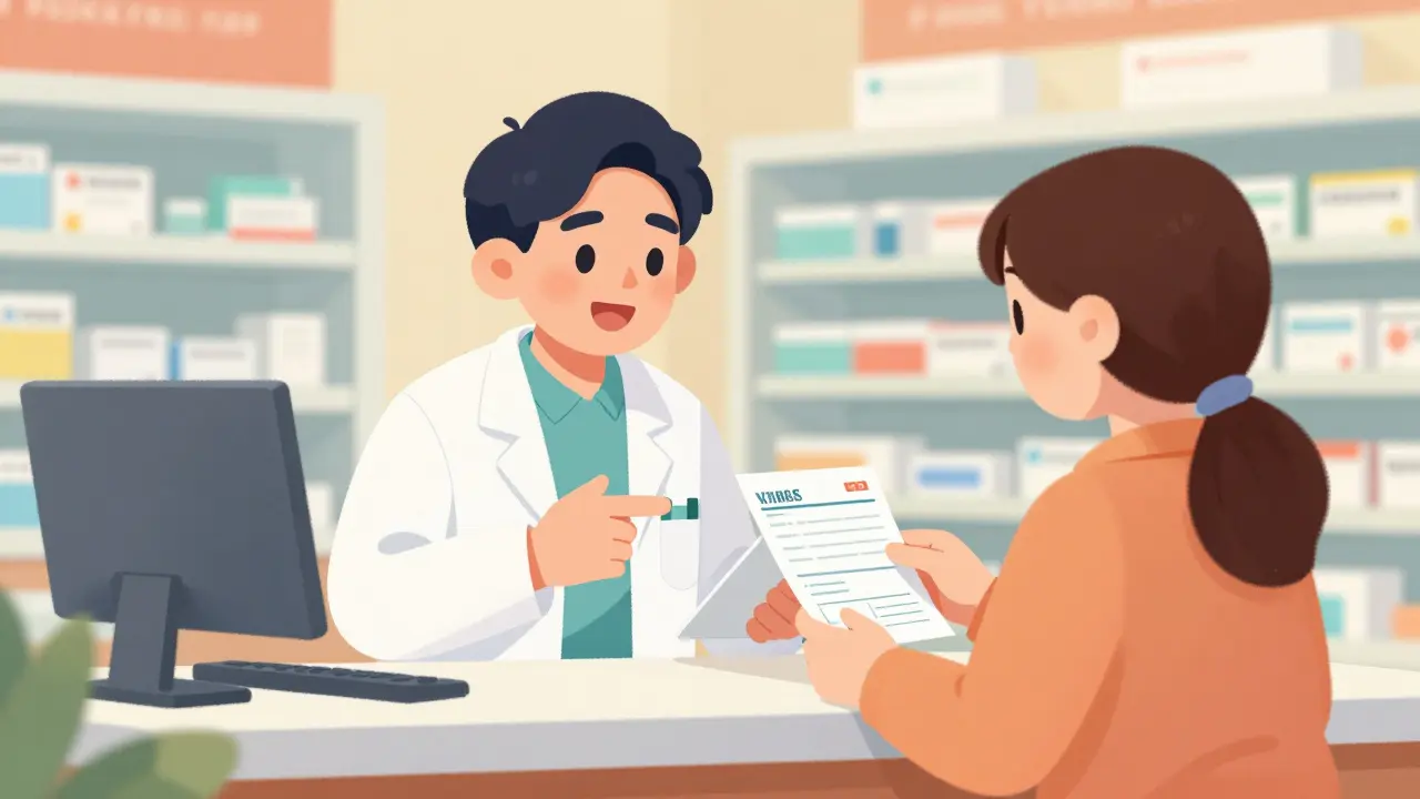 Pharmacist and patient collaborating to verify medication instructions on a label.