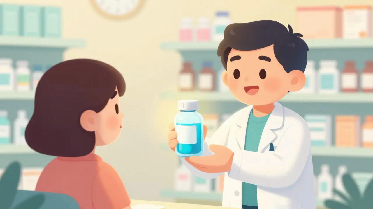 Pharmacist giving patient a liquid medicine bottle for better absorption.