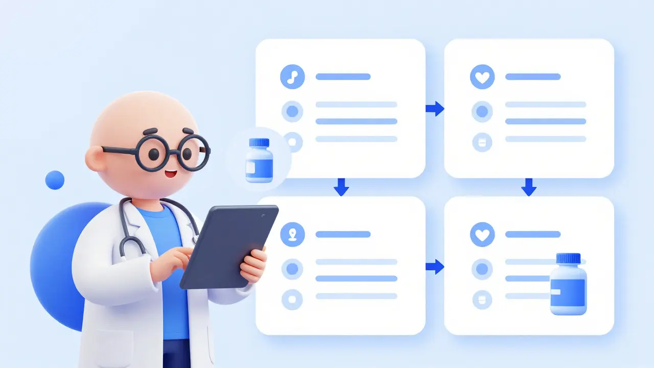 Stylized doctor reviewing a patient's digital medical record on a tablet